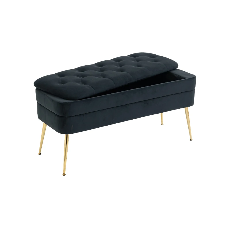 Velvet Upholstered Storage Ottoman Bench with Metal Legs, Footrest Sofa for Bedroom and Living Room, 104x40x51 cm, Black