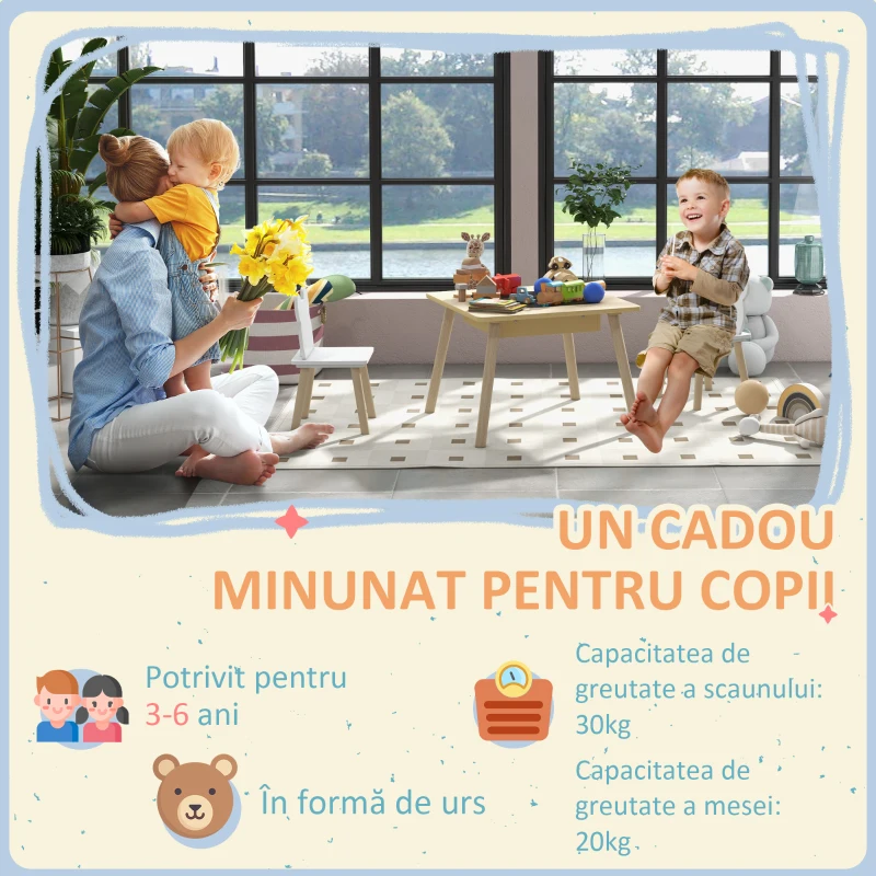 AIYAPLAY Set Masă și 2 Scaune pentru Copii 3-6 ani, cu Tablă de Scris și Loc de Depozitare, 60x60x44 cm, Lemn Natural