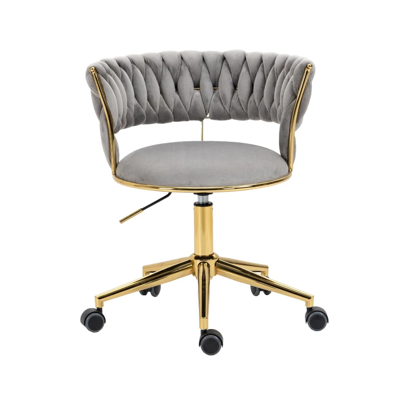 Velvet Swivel Executive Office Desk Chair with Hand-Woven Backrest, 360° Swivel and Height Adjustable, Stainless Base and 5 Wheels, 62x62x77 cm, Gray