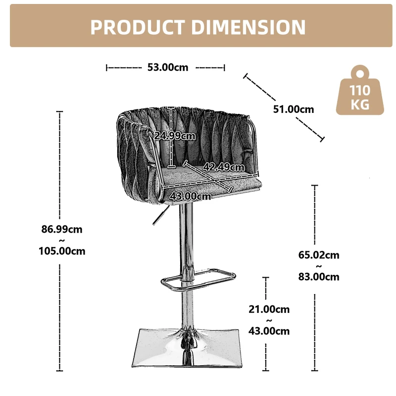 Set of 2 Kitchen Bar Stools with Woven Backs and Silver Base, Height Adjustable Bar Chairs, for Kitchen Island and Pub, 53x51x87 cm, Emerald
