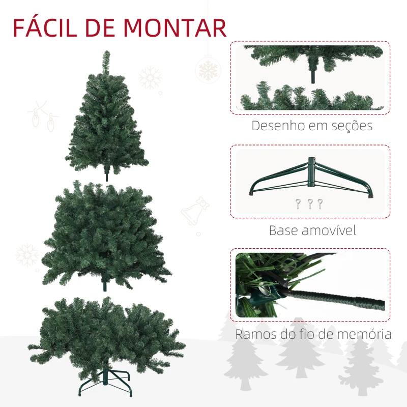 HOMCOM Árvore de Natal Artificial 180 cm com 760 Ramos de Arame de Memória e Base Recolhível Árvore de Natal Verde