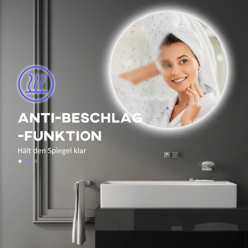kleankin Runder LED-Wandspiegel, Touch-Schalter, Farbwechsel 3000K-6500K, Antibeschlag, Ø 70 cm, Weiß/Silber