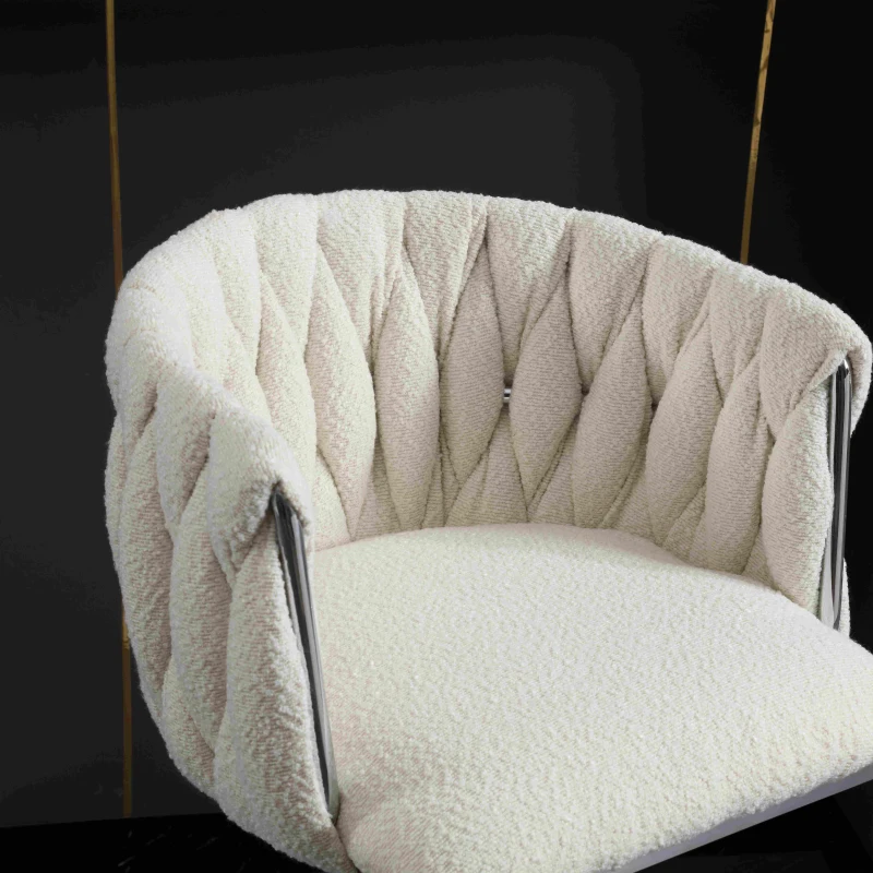 Adjustable Bar Stools Set of 2 with Woven Backs and Silver Base, Upholstered Boucle Fabric, for Kitchen Island and Pub, 53x51x87 cm, Ivory