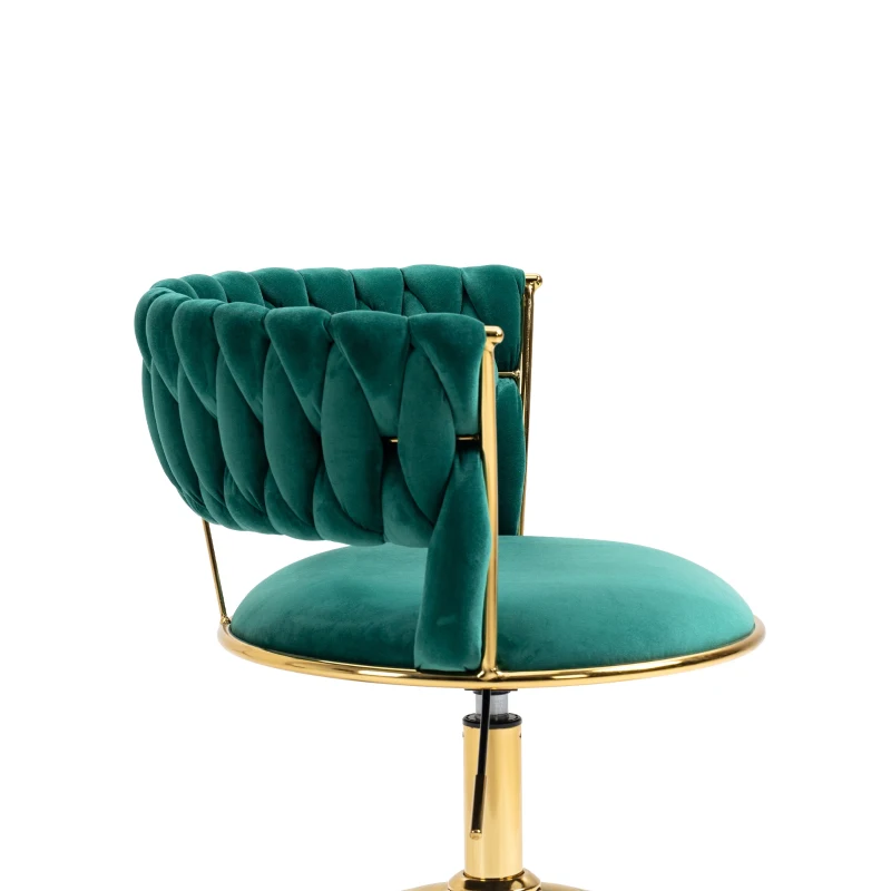 Velvet Swivel Office Desk Chair with Hand-Woven Backrest, 360° Swivel and Height Adjustable, Stainless Base with 5 Wheels, 62x62x77 cm, Emerald