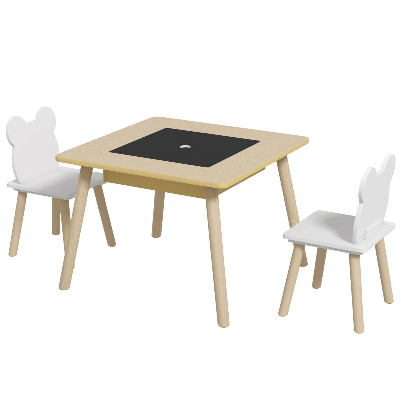 AIYAPLAY Set Masă și 2 Scaune pentru Copii 3-6 ani, cu Tablă de Scris și Loc de Depozitare, 60x60x44 cm, Lemn Natural