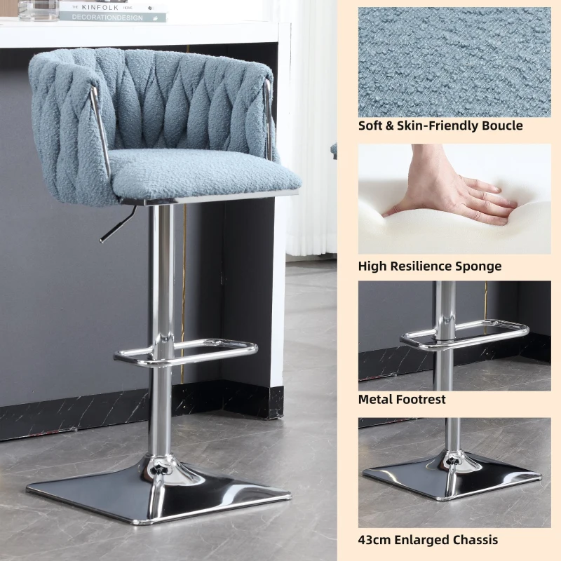 Boucle Fabric Bar Stools with Backs & Sponge Cushions, Set of 2 for Bar, Cafe, Restaurant - Light Blue
