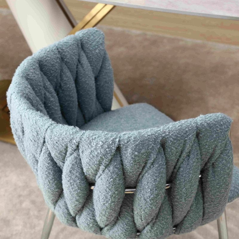 Set of 2 Modern Dining Chairs with Silver Legs, Hand-woven Backrest and Armrests, Upholstered Boucle Armchair for Living Room, 54x52x73 cm, Light Blue