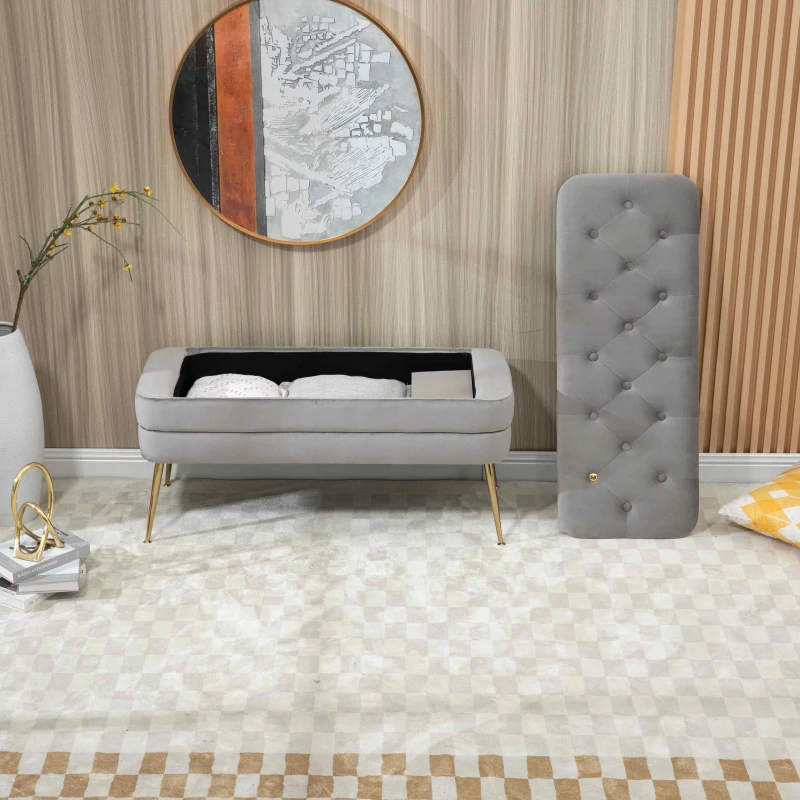 Velvet Upholstered Storage Ottoman Bench with Metal Legs, Multifunctional Footrest Sofa, 104x40x51 cm, Grey