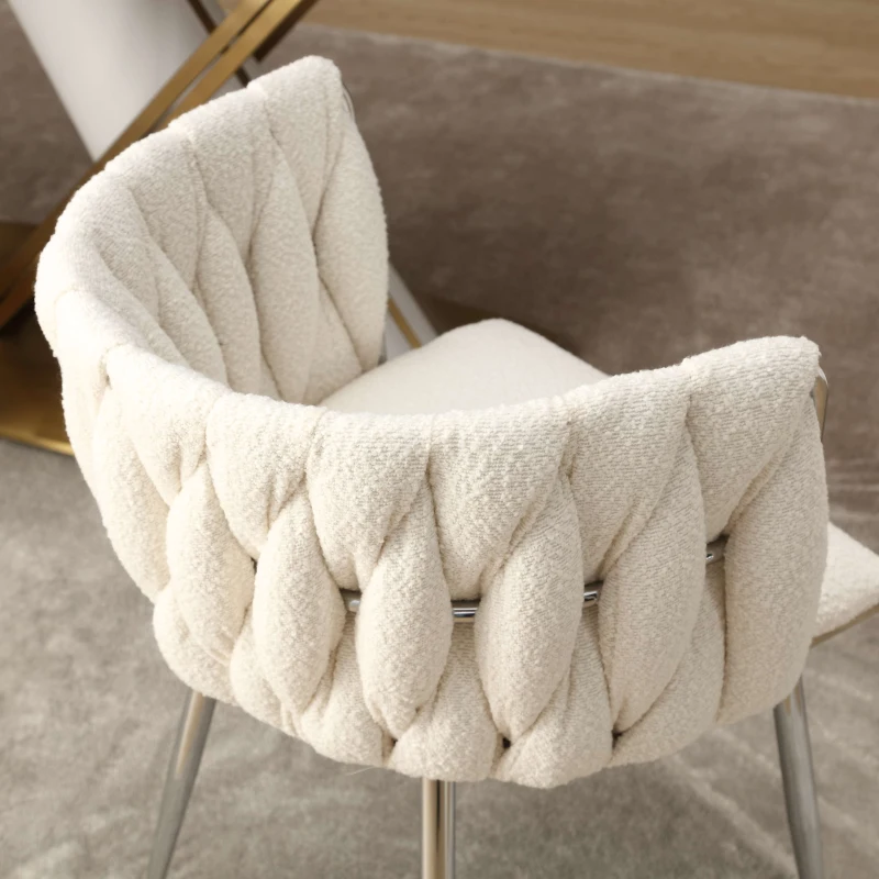 Set of 2 Modern Hand Weaving Dining Chairs with Silver Legs and Armrests, Boucle Upholstered Side Chairs, Set of 2 Dining Chair for Living Room, 54x52x73 cm, Ivory