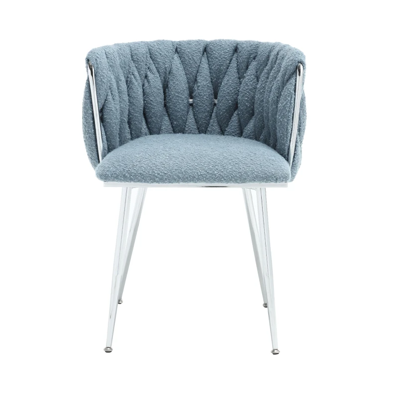 Set of 2 Modern Dining Chairs with Silver Legs, Hand-woven Backrest and Armrests, Upholstered Boucle Armchair for Living Room, 54x52x73 cm, Light Blue