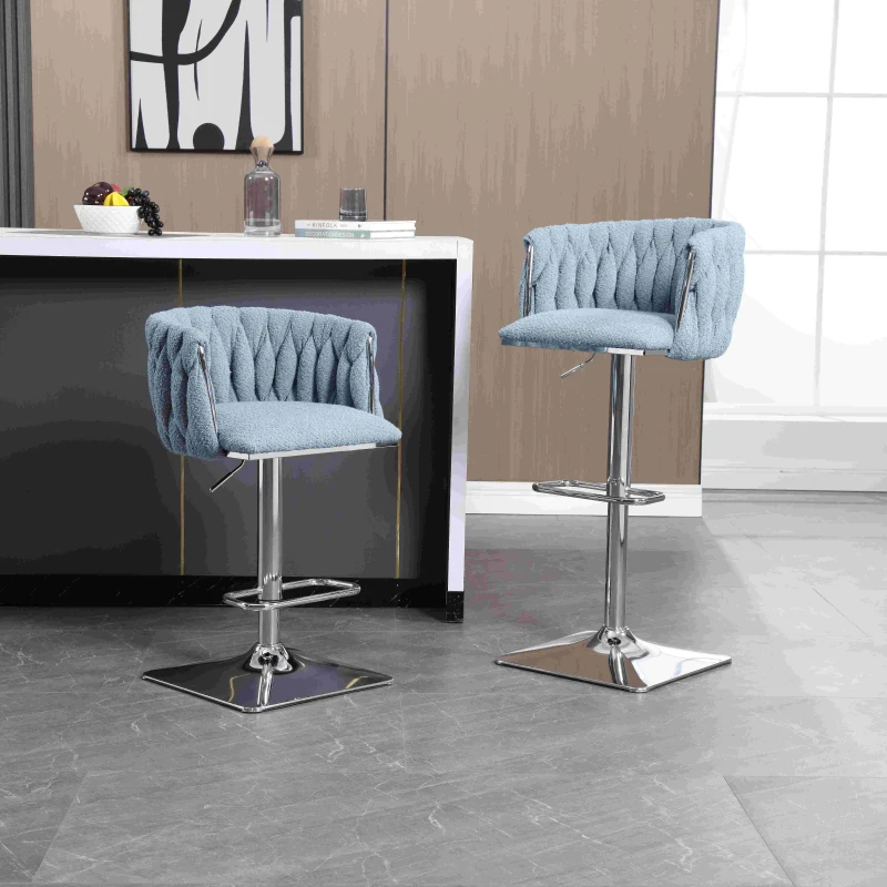 Boucle Fabric Bar Stools with Backs & Sponge Cushions, Set of 2 for Bar, Cafe, Restaurant - Light Blue