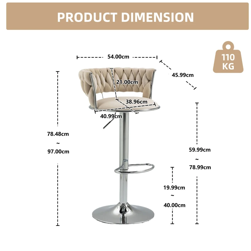 Set of 2 Kitchen Bar Seats with Back and Footrest, 360° Swivel Velvet Bar Chairs with Silver Legs, Adjustable Seat Height, 54x46x97 cm, Ivory