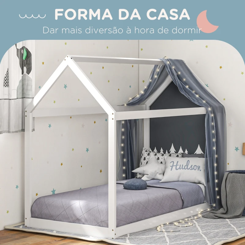 HOMCOM Estrutura de Cama 90x190 cm Somier de Madeira em Forma de Casa Carga 120 kg para Quarto Branco