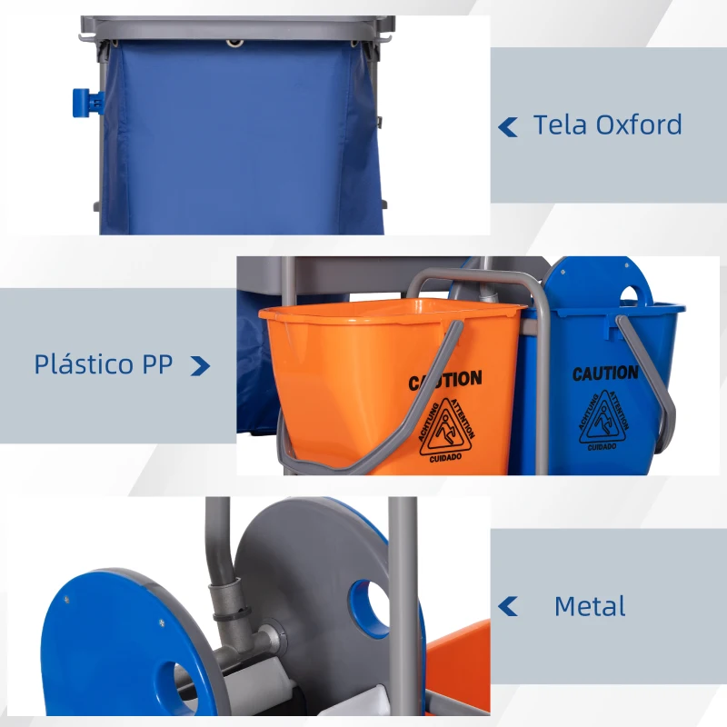 HOMCOM Carro de Limpeza Professional com Escorredor de Alavanca e 2 Baldes de 18L 111x63,3x103cm Cinza Azul e Laranja