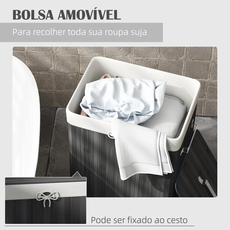 HOMCOM Cesto de Roupa de Bambu Dobrável Cesto para Roupa Suja com Tampa e Bolsa Amovível 40x30x60 cm Cinza Escuro