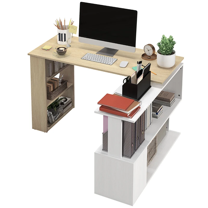 HOMCOM Mesa de Computador Secretária Mesa de Canto Giratória 360° com 5 Prateleiras 120x110x74,5 cm Madeira e Branco
