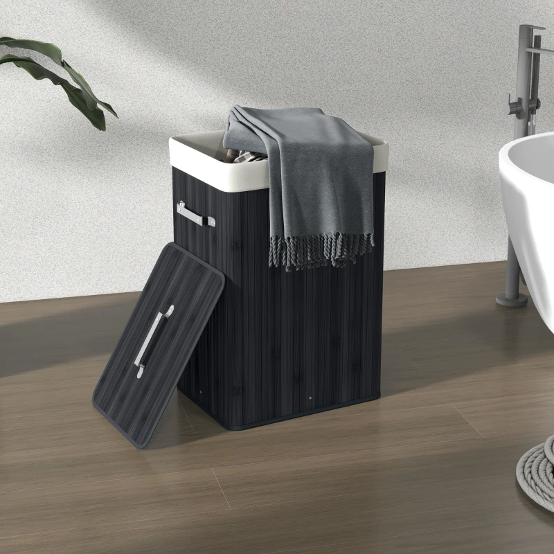 HOMCOM Cesto de Roupa de Bambu Dobrável Cesto para Roupa Suja com Tampa e Bolsa Amovível 40x30x60 cm Preto