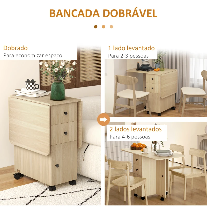 HOMCOM Mesa de Jantar Dobrável com Rodas Mesa Abatível com 2 Gavetas e Armário Mesa Auxiliar Multifuncional 120x60x76,5 cm Madeira
