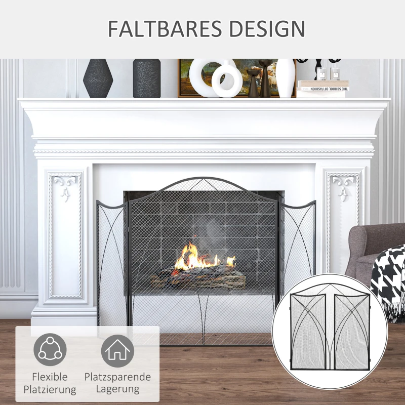 HOMCOM Osłona na kominek, trzykrotnie składana, struktura metalowa, powłoka, 126x2x76 cm, Czarna