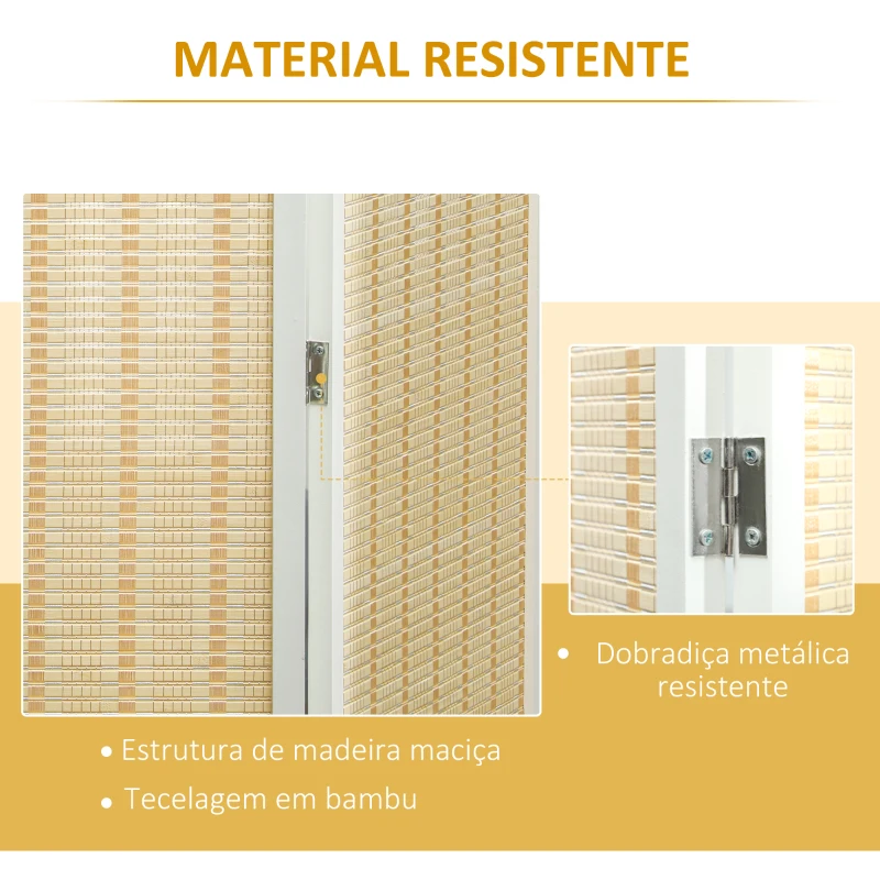 HOMCOM Biombo de 4 Painéis Dobrável Separador de Ambientes Tecido a Mão de Bambu e Fio de Algodão 180x180 cm Branco