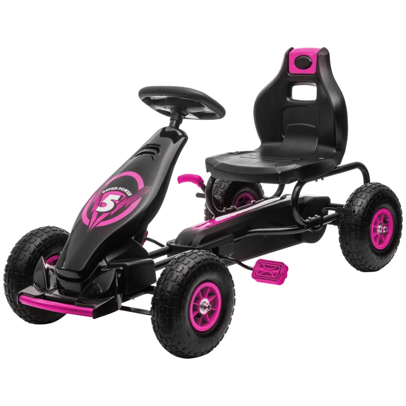 HOMCOM Kart a Pedais para Crianças 5-12 Anos com Assento Ajustável Pneus Insufláveis Amortecimento e Travão de Mão 121x58x61 cm Rosa