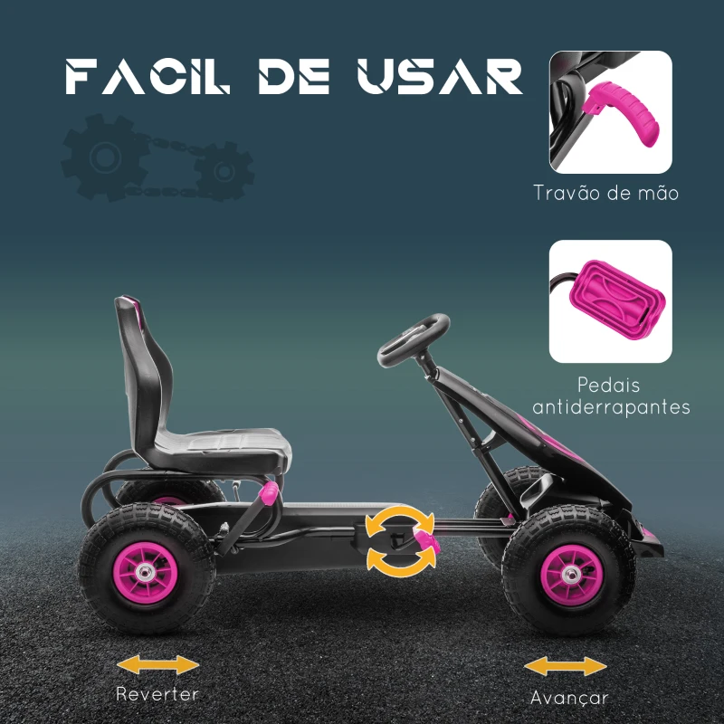 HOMCOM Kart a Pedais para Crianças 5-12 Anos com Assento Ajustável Pneus Insufláveis Amortecimento e Travão de Mão 121x58x61 cm Rosa
