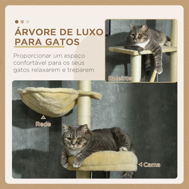 PawHut Arranhador para Gatos do Solo ao Teto de 230-250 cm  com Altura Ajustável Múltiplas Plataformas Rede Bolas Suspensas Bege