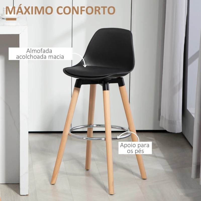 HOMCOM Conjunto de 2 Bancos de Bar Estofado em PU Bancos Altos de Cozinha com Pés de Madeira 38,5x42,5x91 cm Preto