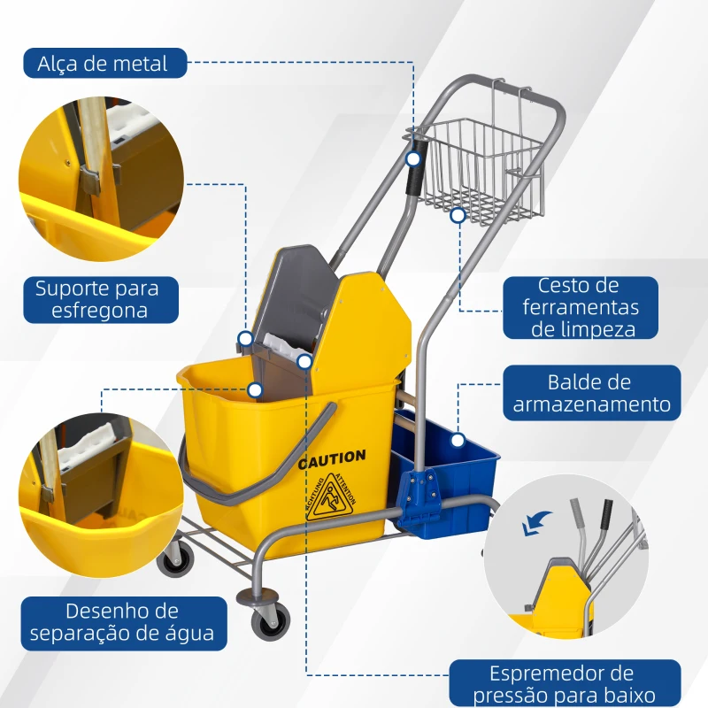 HOMCOM Carro de Limpeza Profissional Balde de Esfregona com Rodas Balde Removível de 25 Litros 72x49,5x95 cm Amarelo