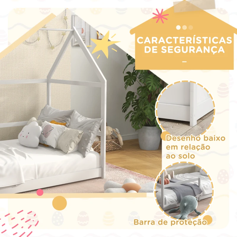 AIYAPLAY Cama Infantil 90x190 cm em Forma de Casa com Barreira Protetora Cama Casinha de Madeira Carga 60 kg Branco