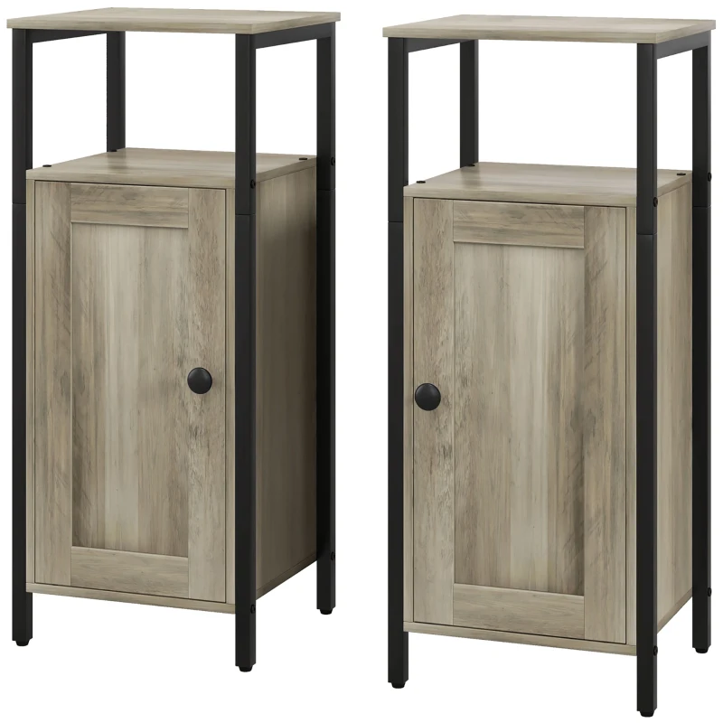 HOMCOM Conjunto de 2 Mesas Auxiliares com Prateleira Ajustável Mesa de Cabeceira para Dormitório 34x30x80 cm Marom Acinzentado