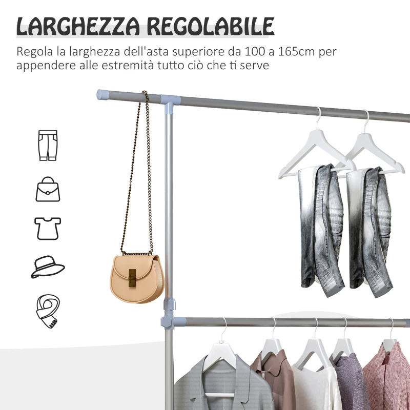 HOMCOM Stender Appendiabiti con Altezza ed Estensione Regolabili, 4 Ruote Girevoli, Acciaio Inox e ABS, 165x48x180cm