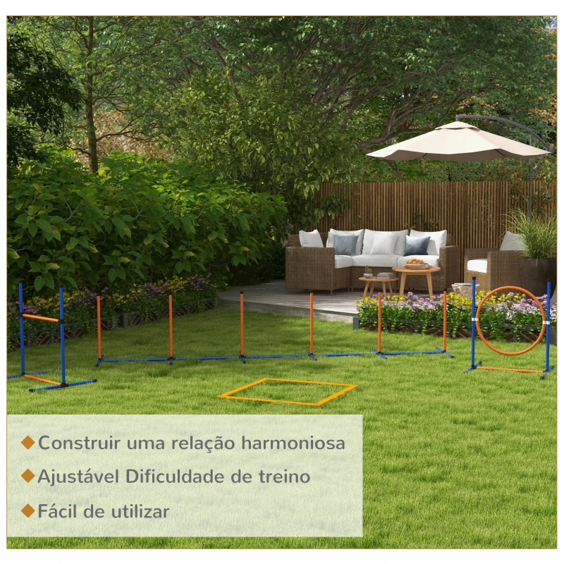 PawHut Jogo de Agilidade para Cães de 4 Peças com Piquetes para Slalom Zona de Descanso Valla e Anel de Salto Laranja e Azul