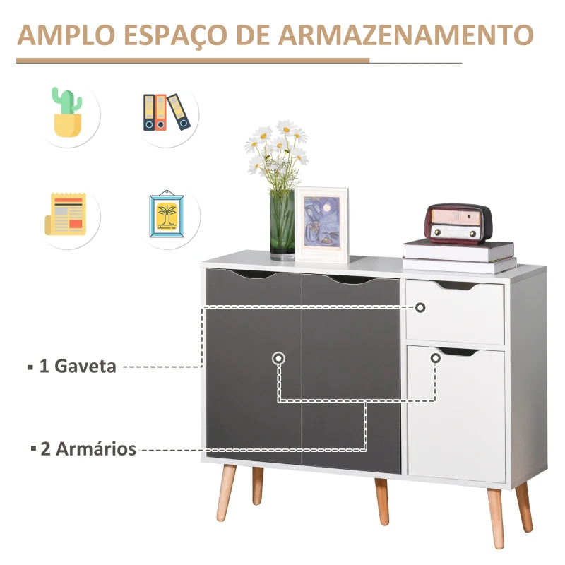 HOMCOM Aparador Móvel Auxiliar de Armazenamento com 2 Armários de Porta Gaveta Pés de Madeira 90x30x72 cm Cinza e Branco