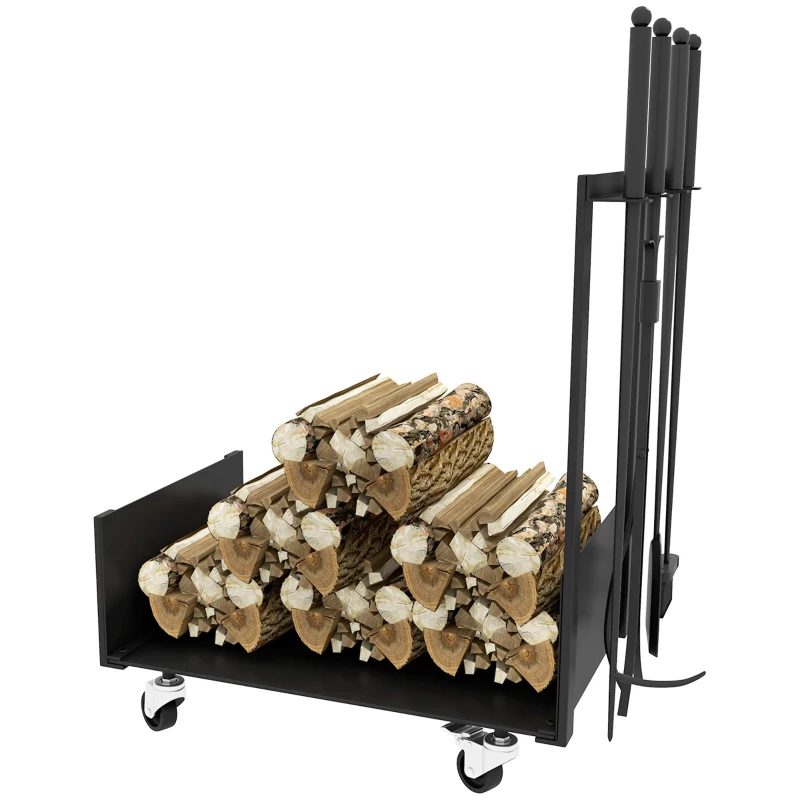 Outsunny Suporte para Lenha com Rodas Estante para Lenha Metálico de Exterior com Pá Escova Atizador e Tenazes 48x30x76 cm Preto