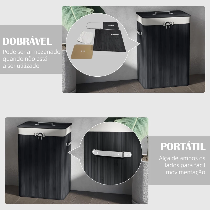 HOMCOM Cesto de Roupa de Bambu Dobrável Cesto para Roupa Suja com Tampa e Bolsa Amovível 40x30x60 cm Preto