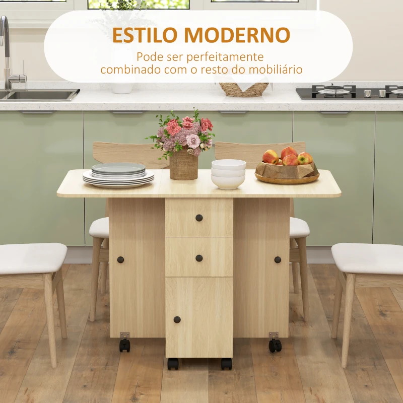 HOMCOM Mesa de Jantar Dobrável com Rodas Mesa Abatível com 2 Gavetas e Armário Mesa Auxiliar Multifuncional 120x60x76,5 cm Madeira