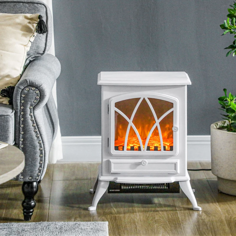 HOMCOM Lareira Elétrica Portátil Lareira Elétrica com Efeito de Chama Realista Potência 1000W/2000W 45x28,5x54 cm Branco