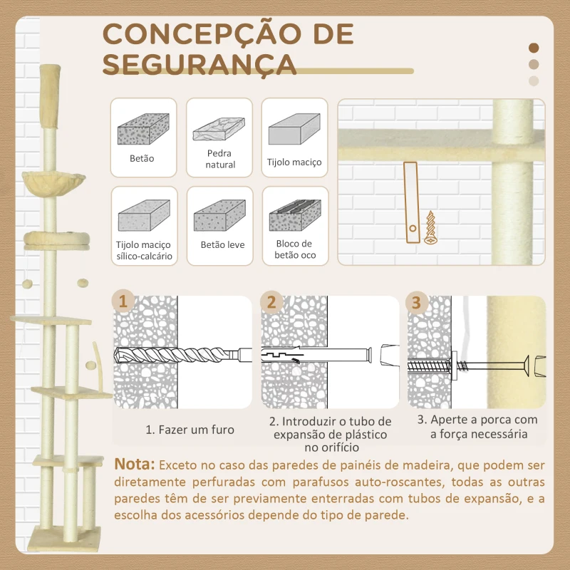 PawHut Arranhador para Gatos do Solo ao Teto de 230-250 cm  com Altura Ajustável Múltiplas Plataformas Rede Bolas Suspensas Bege