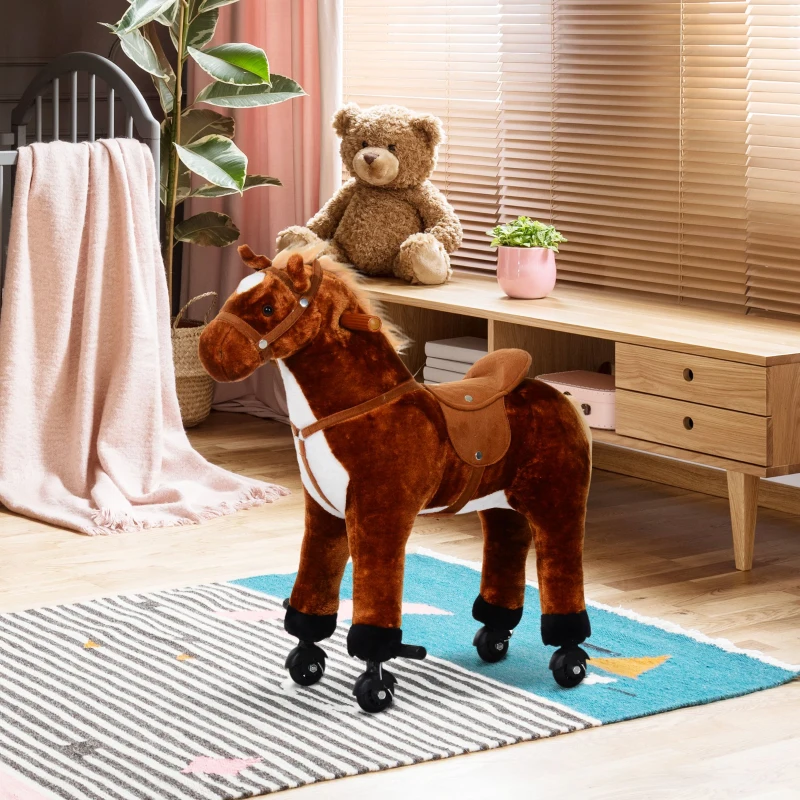 HOMCOM Cavalo de Brinquedo para Crianças de +3 Anos com Rodas Sons e Estrutura de Metal Carga 60kg 65x28x75 cm Castanho