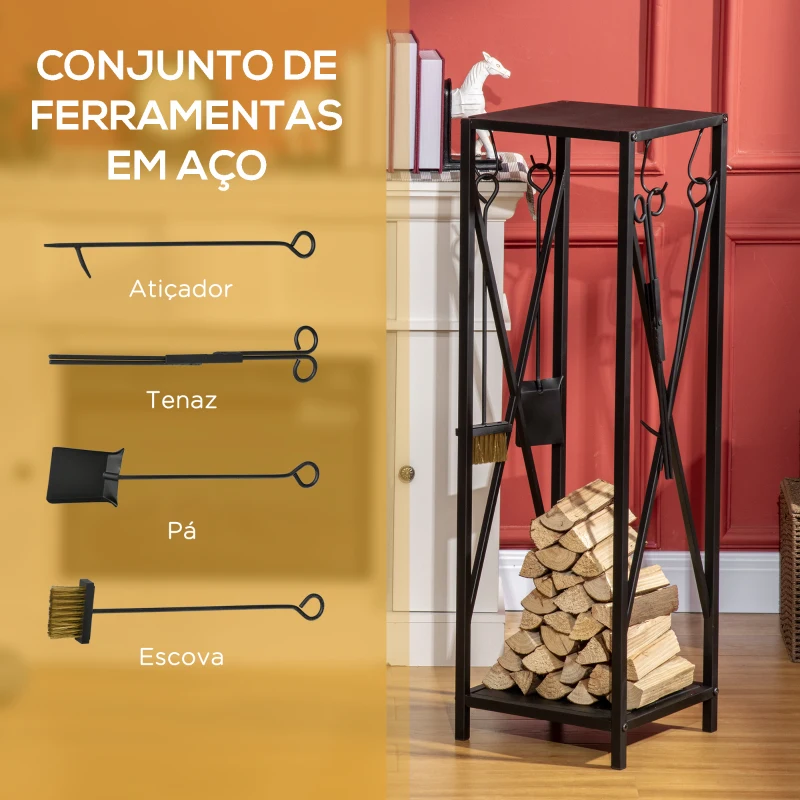 Outsunny Suporte para Lenha Estante para Lenha Lenheiro de Exterior com Ganchos Pá Escova Atiçador e Tenaz Carga 60 kg 34x34x111 cm Preto