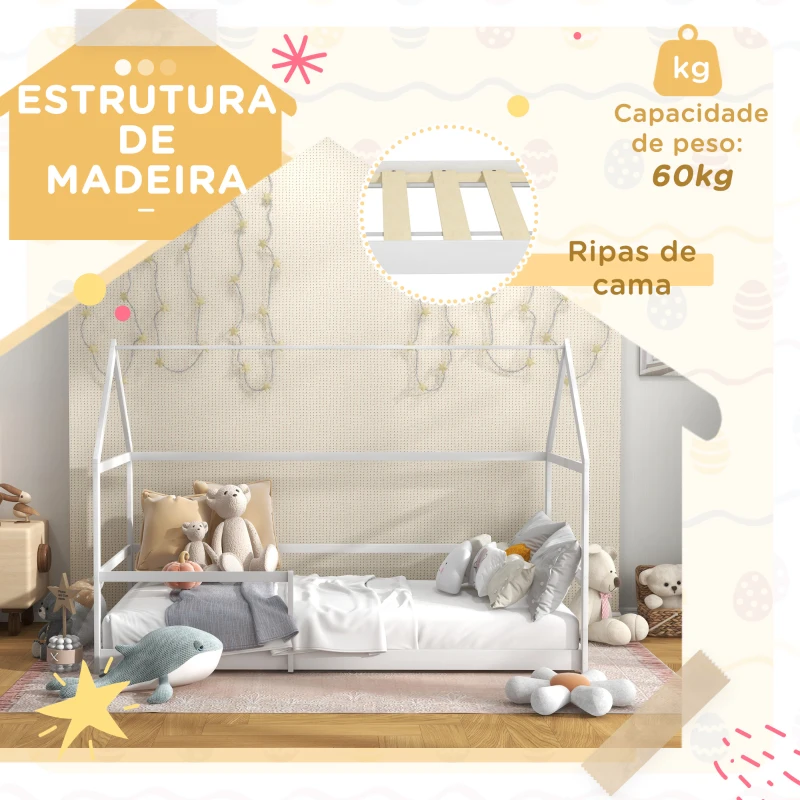 AIYAPLAY Cama Infantil 90x190 cm em Forma de Casa com Barreira Protetora Cama Casinha de Madeira Carga 60 kg Branco