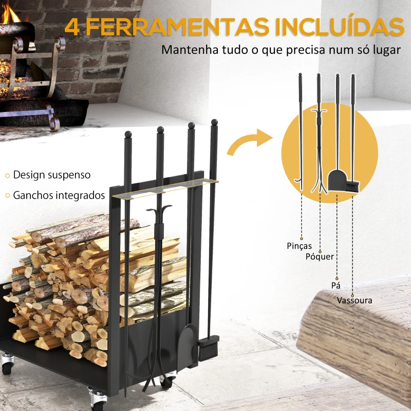 Outsunny Suporte para Lenha com Rodas Estante para Lenha Metálico de Exterior com Pá Escova Atizador e Tenazes 48x30x76 cm Preto