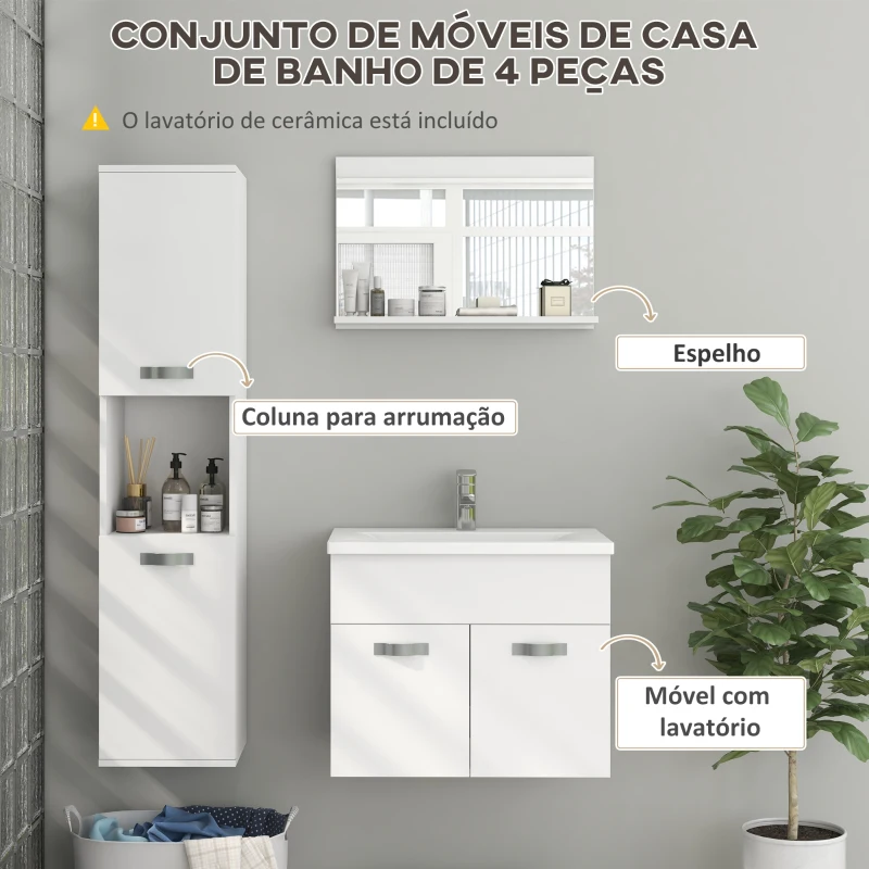 kleankin Conjunto de Móveis Casa de Banho 3 Peças com Espelho com Prateleira Móvel com Lavatório Cerâmico e Coluna de Casa de Banho