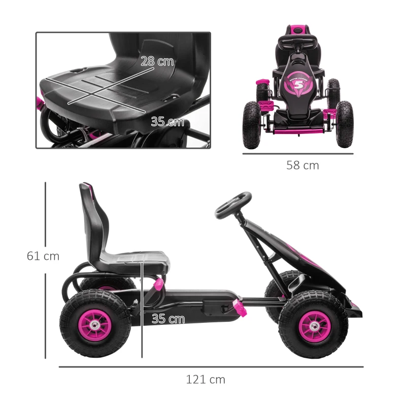 HOMCOM Kart a Pedais para Crianças 5-12 Anos com Assento Ajustável Pneus Insufláveis Amortecimento e Travão de Mão 121x58x61 cm Rosa