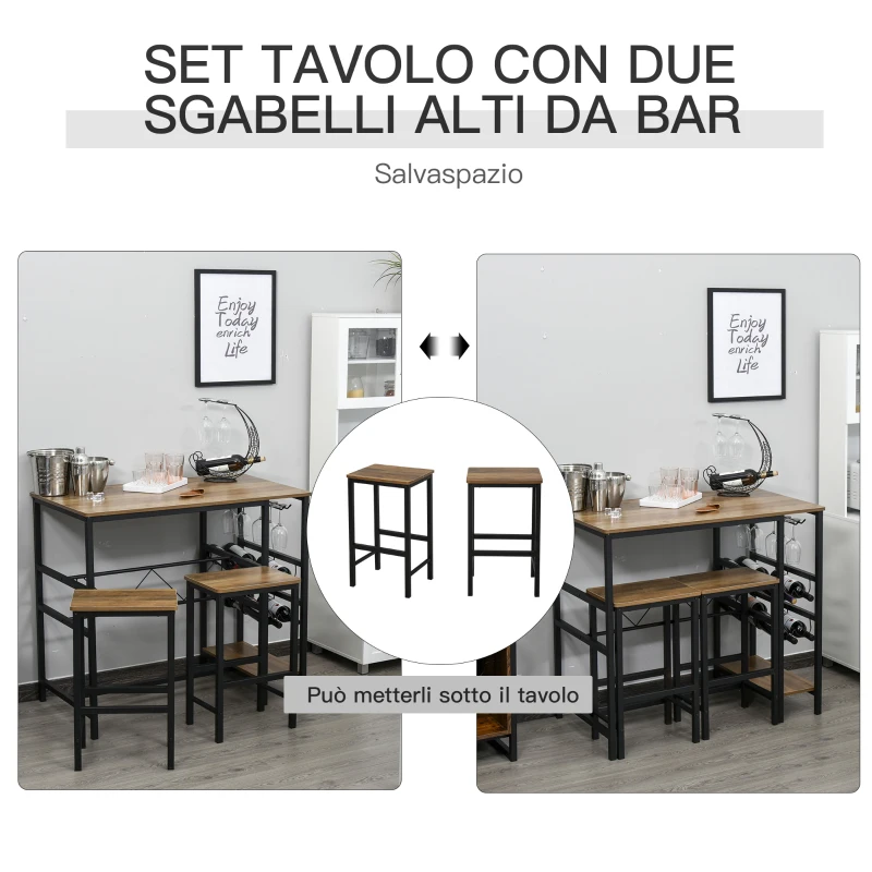 HOMCOM Set Tavolo 2 Sgabelli Alti da Bar in Legno Isola Cucina con Portabottiglie e Portabicchieri in Stile Industriale