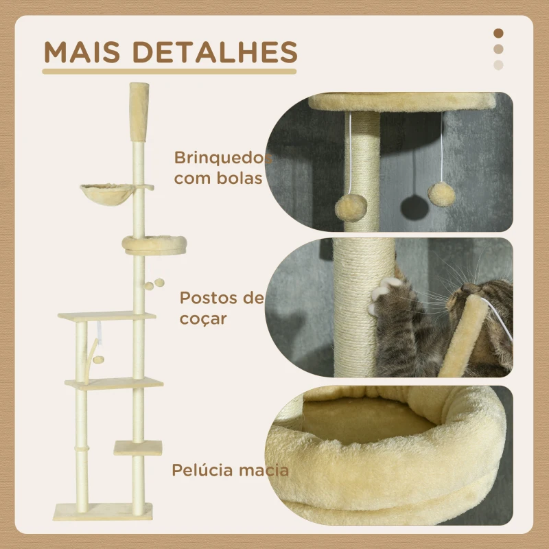 PawHut Arranhador para Gatos do Solo ao Teto de 230-250 cm  com Altura Ajustável Múltiplas Plataformas Rede Bolas Suspensas Bege