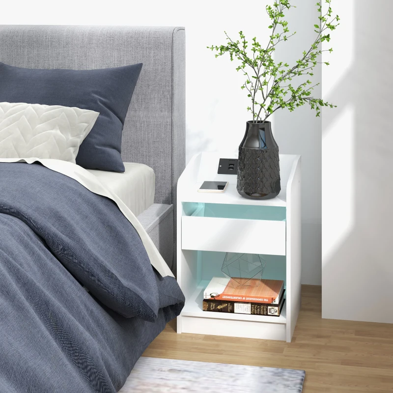 HOMCOM Mesa de Cabeceira com Luzes LED Gaveta Prateleira Estação de Carregamento Entrada USB e Controlo Remoto 40x40x58 cm Branco