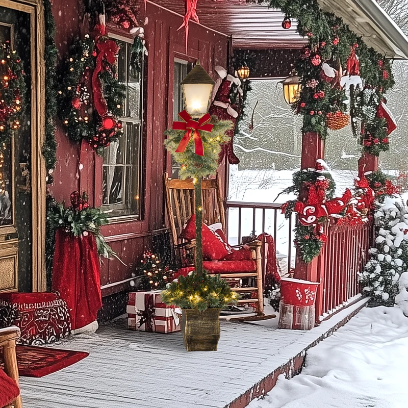 Outsunny Kerstlantaarn met Bessen, Dennenappels & Strik, LED-Lichtjes, Metalen Paal, 150 cm