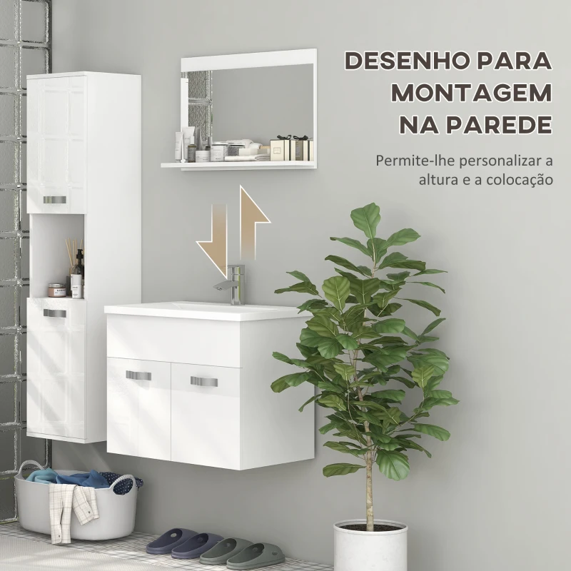 kleankin Conjunto de Móveis Casa de Banho 3 Peças com Espelho com Prateleira Móvel com Lavatório Cerâmico e Coluna de Casa de Banho
